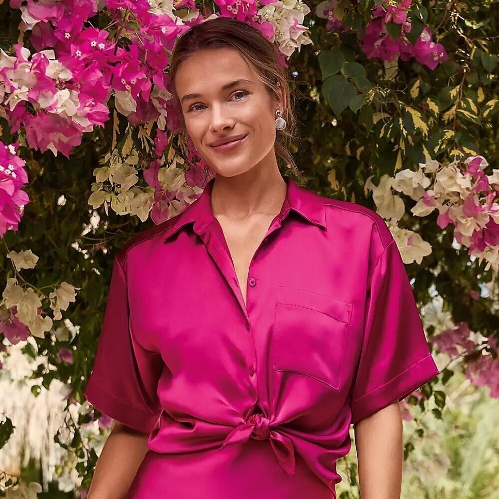 LOFT Satin Pocket Shirt Women's Size M/8/10 Magenta Sunset/Pink